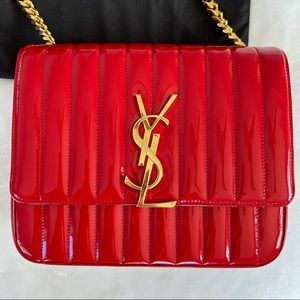 Authentic Saint Laurent Large Vicky Patent Crossbody Shoulder Bag In Eros Red